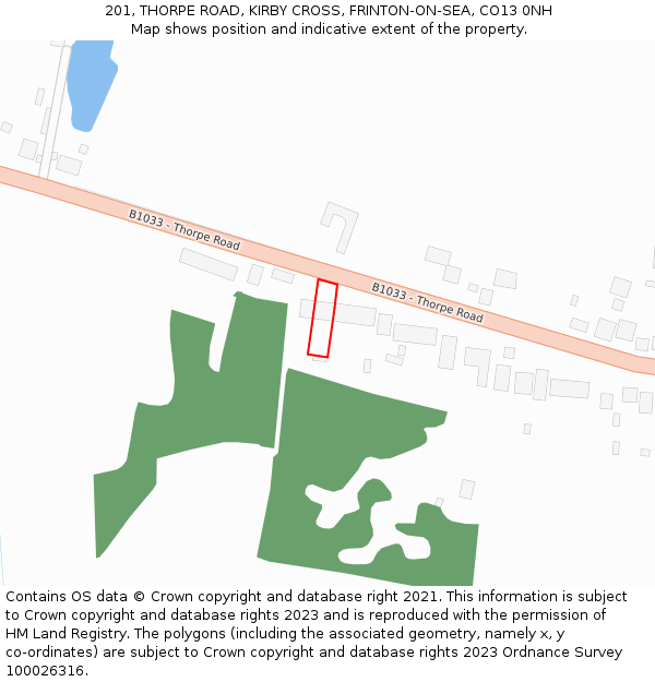 201, THORPE ROAD, KIRBY CROSS, FRINTON-ON-SEA, CO13 0NH: Location map and indicative extent of plot