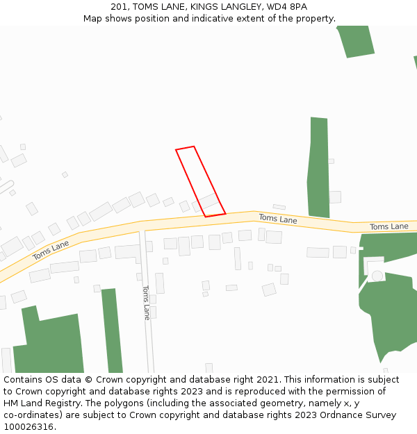 201, TOMS LANE, KINGS LANGLEY, WD4 8PA: Location map and indicative extent of plot