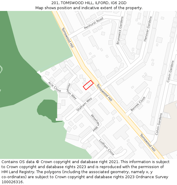 201, TOMSWOOD HILL, ILFORD, IG6 2GD: Location map and indicative extent of plot
