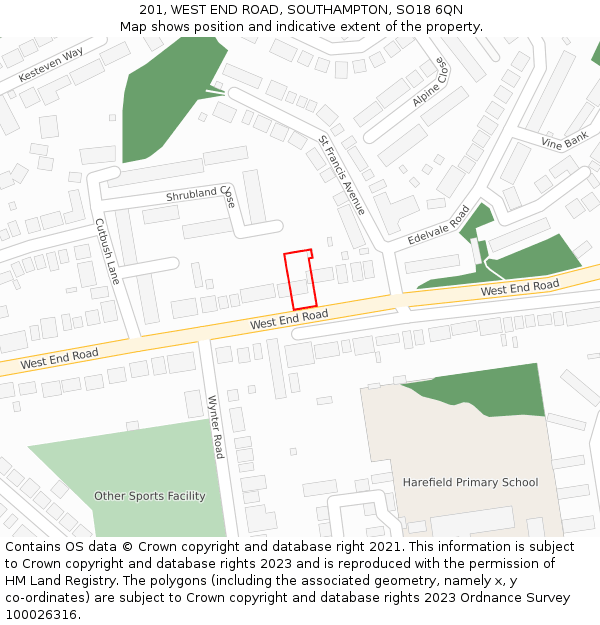 201, WEST END ROAD, SOUTHAMPTON, SO18 6QN: Location map and indicative extent of plot