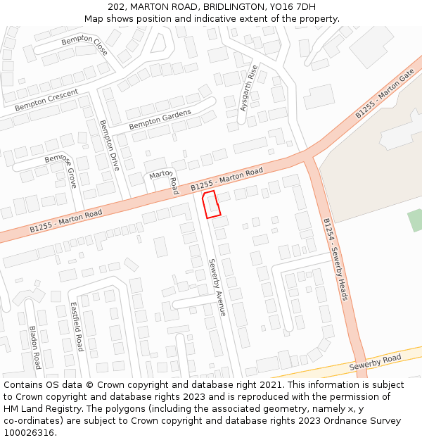 202, MARTON ROAD, BRIDLINGTON, YO16 7DH: Location map and indicative extent of plot