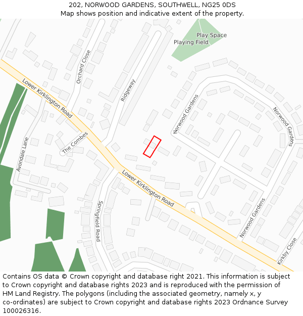 202, NORWOOD GARDENS, SOUTHWELL, NG25 0DS: Location map and indicative extent of plot