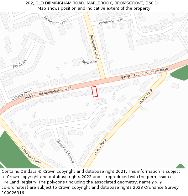 202, OLD BIRMINGHAM ROAD, MARLBROOK, BROMSGROVE, B60 1HH: Location map and indicative extent of plot