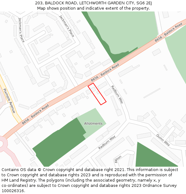 203, BALDOCK ROAD, LETCHWORTH GARDEN CITY, SG6 2EJ: Location map and indicative extent of plot