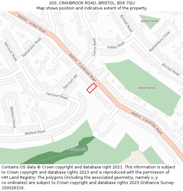 203, CRANBROOK ROAD, BRISTOL, BS6 7QU: Location map and indicative extent of plot