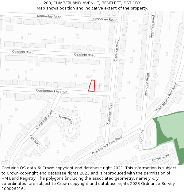 203, CUMBERLAND AVENUE, BENFLEET, SS7 1DX: Location map and indicative extent of plot