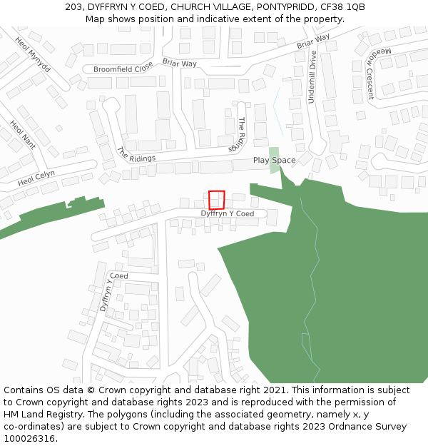 203, DYFFRYN Y COED, CHURCH VILLAGE, PONTYPRIDD, CF38 1QB: Location map and indicative extent of plot