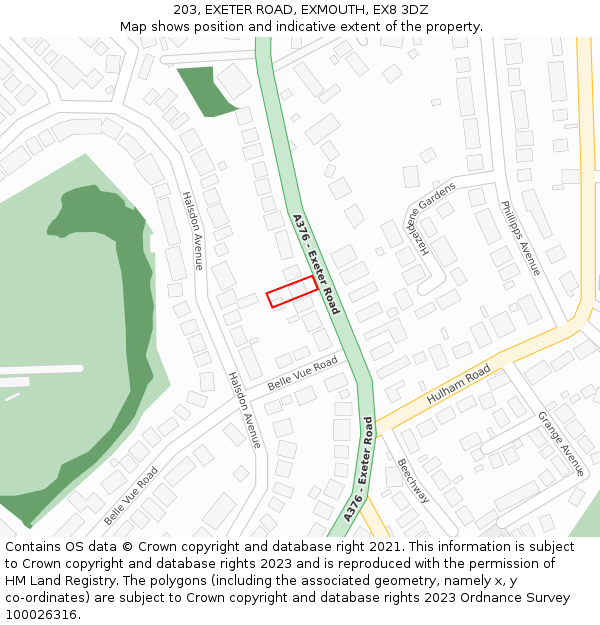 203, EXETER ROAD, EXMOUTH, EX8 3DZ: Location map and indicative extent of plot