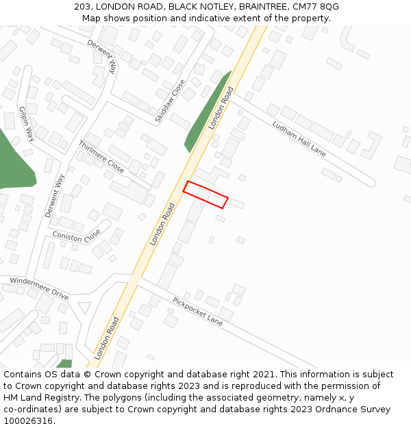 203, LONDON ROAD, BLACK NOTLEY, BRAINTREE, CM77 8QG: Location map and indicative extent of plot
