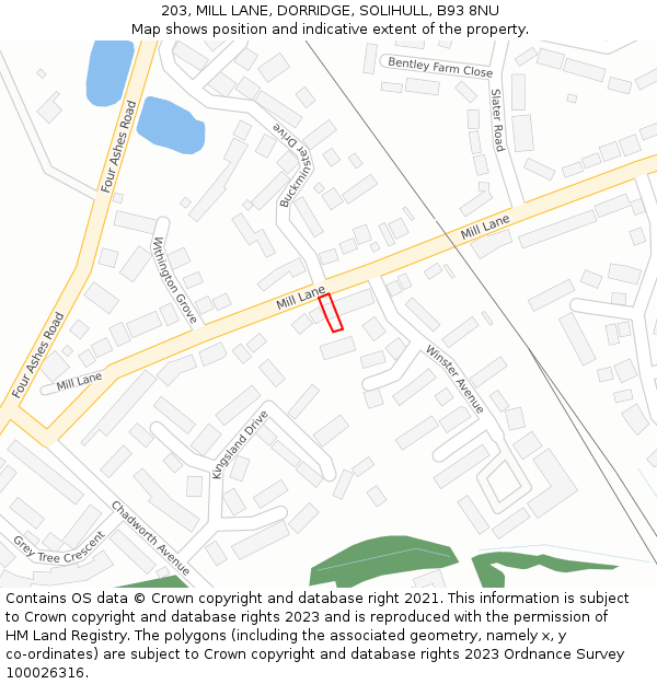 203, MILL LANE, DORRIDGE, SOLIHULL, B93 8NU: Location map and indicative extent of plot