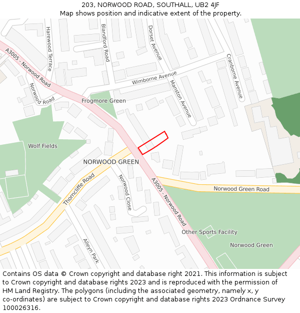 203, NORWOOD ROAD, SOUTHALL, UB2 4JF: Location map and indicative extent of plot