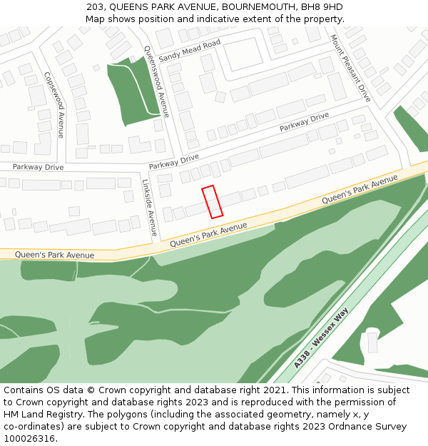 203, QUEENS PARK AVENUE, BOURNEMOUTH, BH8 9HD: Location map and indicative extent of plot