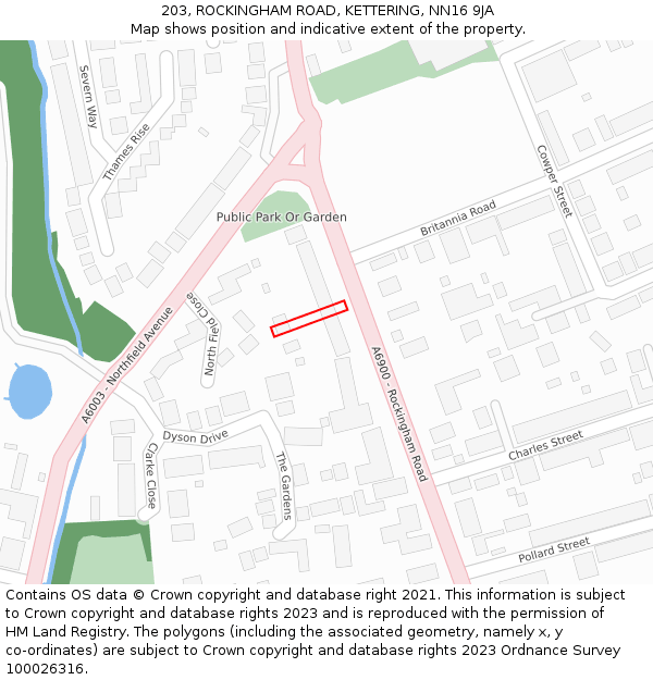203, ROCKINGHAM ROAD, KETTERING, NN16 9JA: Location map and indicative extent of plot