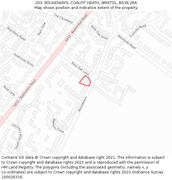 203, ROUNDWAYS, COALPIT HEATH, BRISTOL, BS36 2RA: Location map and indicative extent of plot