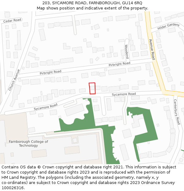 203, SYCAMORE ROAD, FARNBOROUGH, GU14 6RQ: Location map and indicative extent of plot