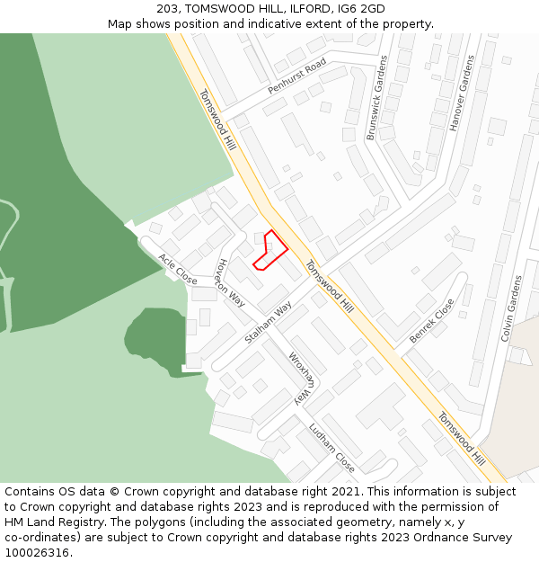 203, TOMSWOOD HILL, ILFORD, IG6 2GD: Location map and indicative extent of plot