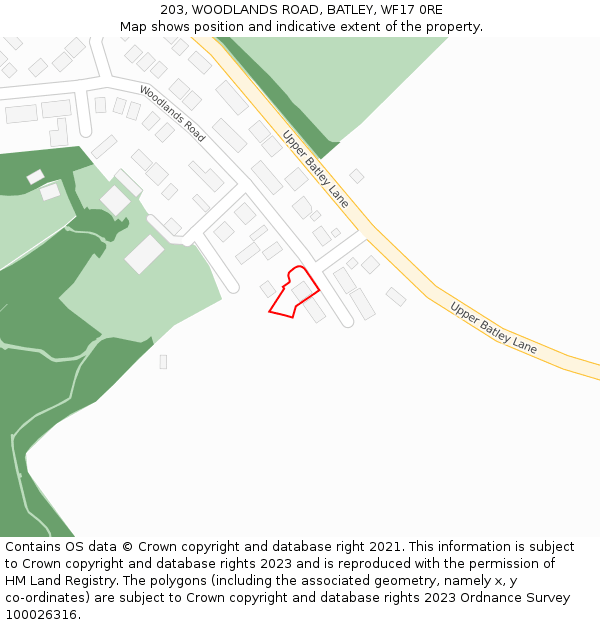 203, WOODLANDS ROAD, BATLEY, WF17 0RE: Location map and indicative extent of plot