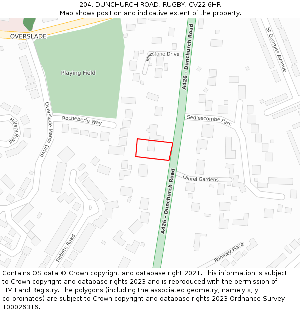 204, DUNCHURCH ROAD, RUGBY, CV22 6HR: Location map and indicative extent of plot