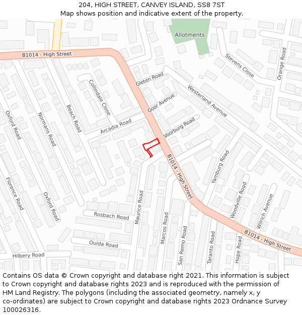 204, HIGH STREET, CANVEY ISLAND, SS8 7ST: Location map and indicative extent of plot