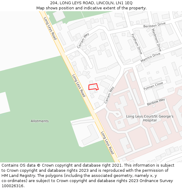 204, LONG LEYS ROAD, LINCOLN, LN1 1EQ: Location map and indicative extent of plot