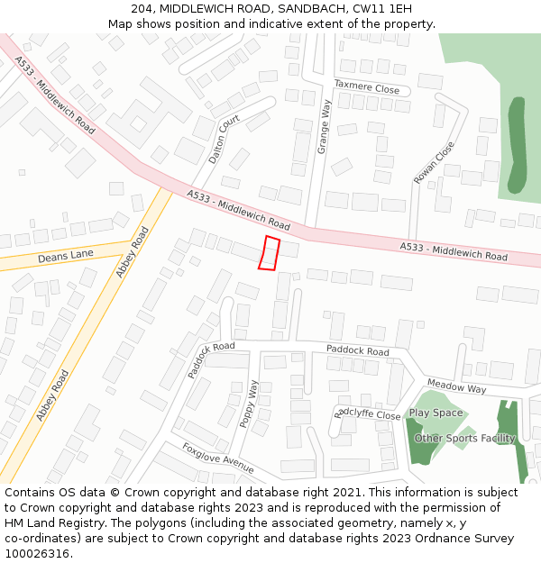 204, MIDDLEWICH ROAD, SANDBACH, CW11 1EH: Location map and indicative extent of plot