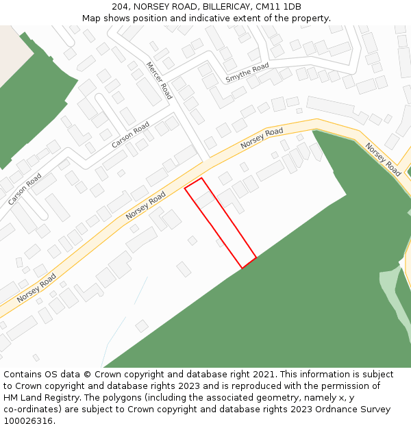 204, NORSEY ROAD, BILLERICAY, CM11 1DB: Location map and indicative extent of plot