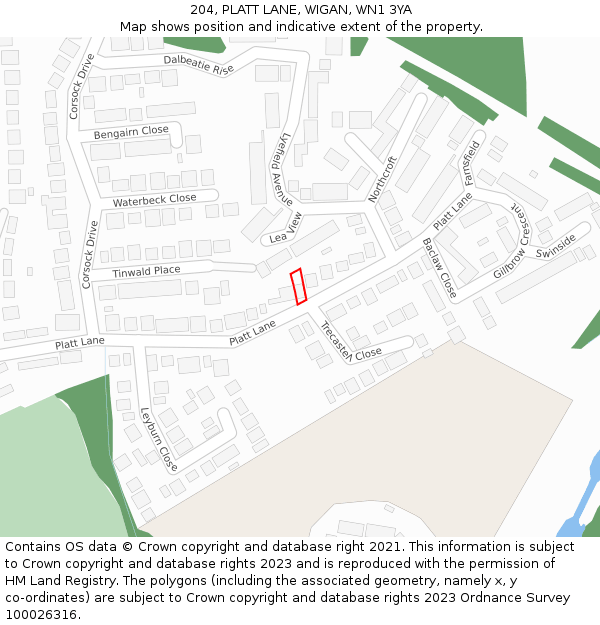 204, PLATT LANE, WIGAN, WN1 3YA: Location map and indicative extent of plot