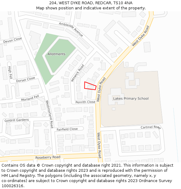 204, WEST DYKE ROAD, REDCAR, TS10 4NA: Location map and indicative extent of plot