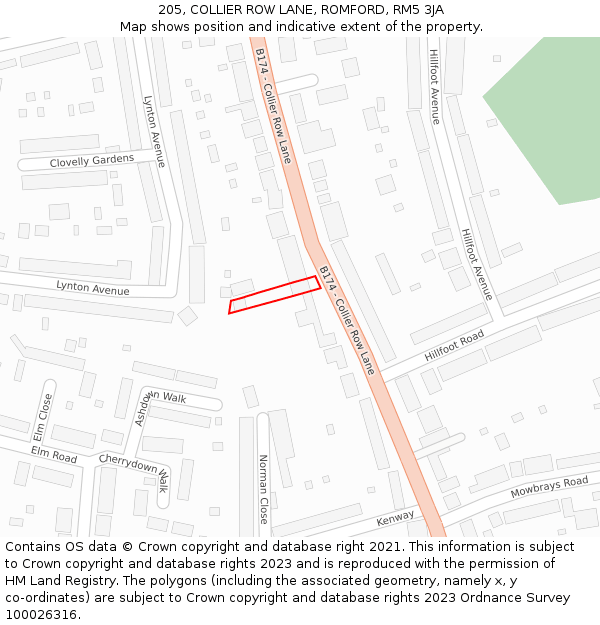 205, COLLIER ROW LANE, ROMFORD, RM5 3JA: Location map and indicative extent of plot