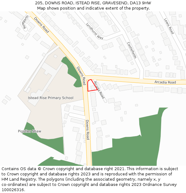 205, DOWNS ROAD, ISTEAD RISE, GRAVESEND, DA13 9HW: Location map and indicative extent of plot