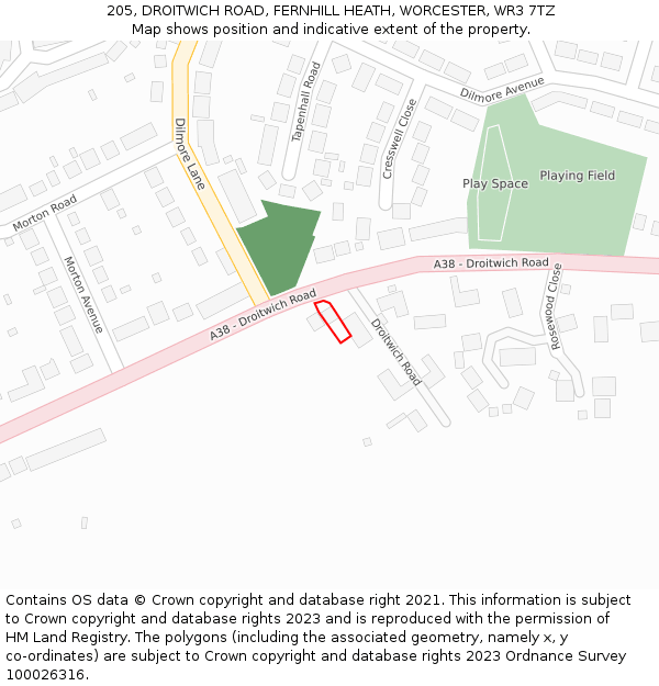 205, DROITWICH ROAD, FERNHILL HEATH, WORCESTER, WR3 7TZ: Location map and indicative extent of plot