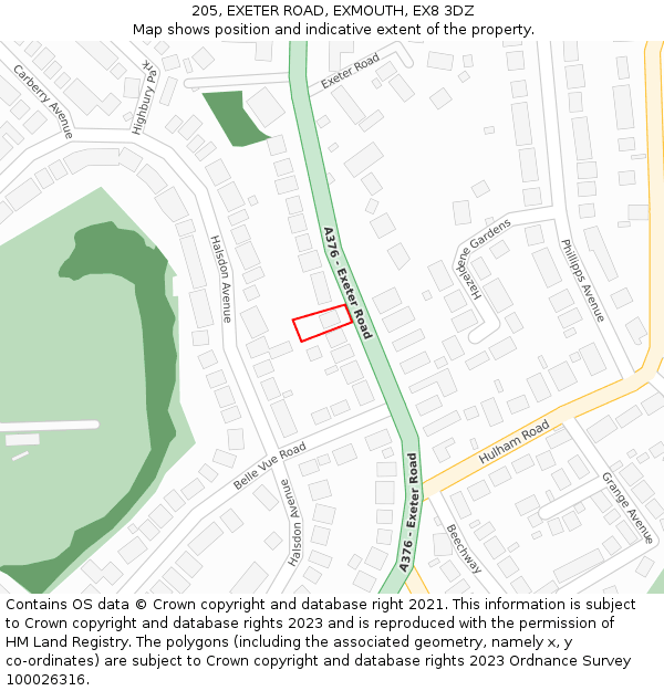 205, EXETER ROAD, EXMOUTH, EX8 3DZ: Location map and indicative extent of plot