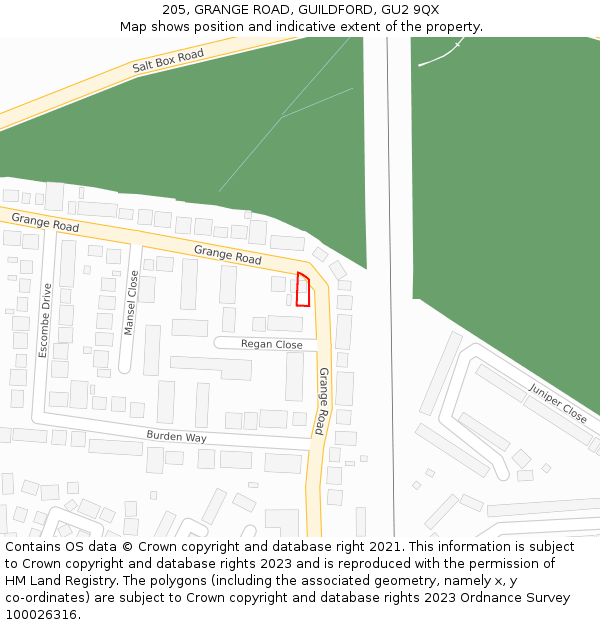 205, GRANGE ROAD, GUILDFORD, GU2 9QX: Location map and indicative extent of plot