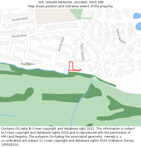 205, HIGHER MEADOW, LEYLAND, PR25 5RR: Location map and indicative extent of plot