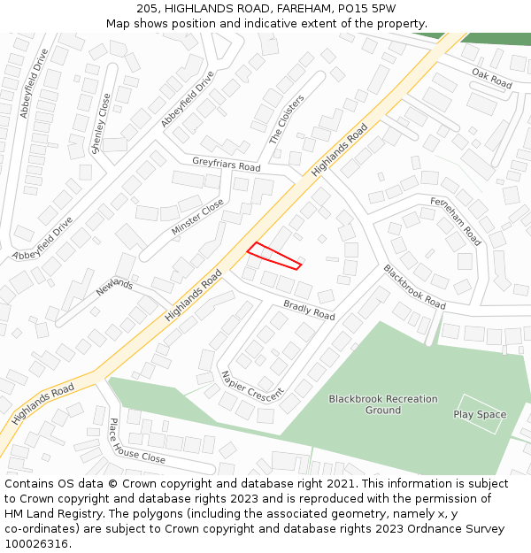 205, HIGHLANDS ROAD, FAREHAM, PO15 5PW: Location map and indicative extent of plot