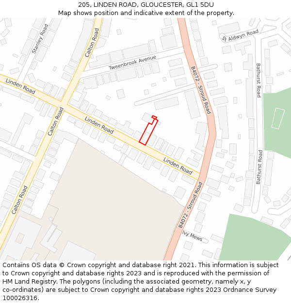 205, LINDEN ROAD, GLOUCESTER, GL1 5DU: Location map and indicative extent of plot