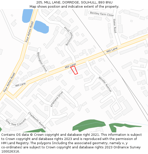 205, MILL LANE, DORRIDGE, SOLIHULL, B93 8NU: Location map and indicative extent of plot