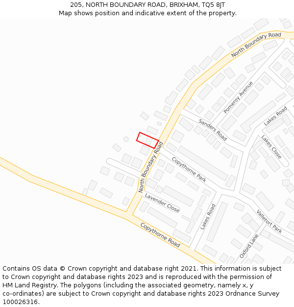 205, NORTH BOUNDARY ROAD, BRIXHAM, TQ5 8JT: Location map and indicative extent of plot