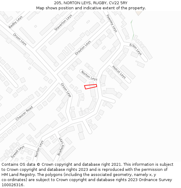 205, NORTON LEYS, RUGBY, CV22 5RY: Location map and indicative extent of plot