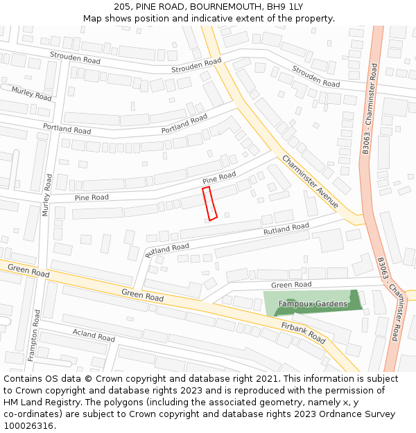 205, PINE ROAD, BOURNEMOUTH, BH9 1LY: Location map and indicative extent of plot