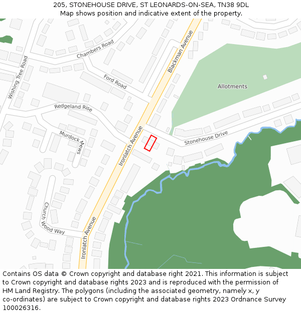 205, STONEHOUSE DRIVE, ST LEONARDS-ON-SEA, TN38 9DL: Location map and indicative extent of plot