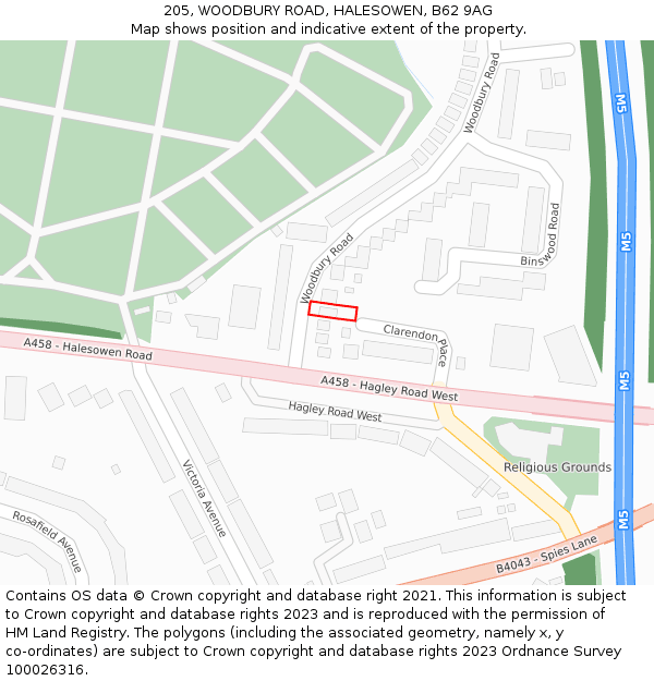 205, WOODBURY ROAD, HALESOWEN, B62 9AG: Location map and indicative extent of plot