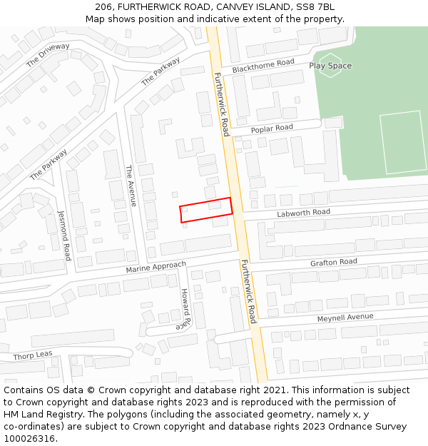 206, FURTHERWICK ROAD, CANVEY ISLAND, SS8 7BL: Location map and indicative extent of plot