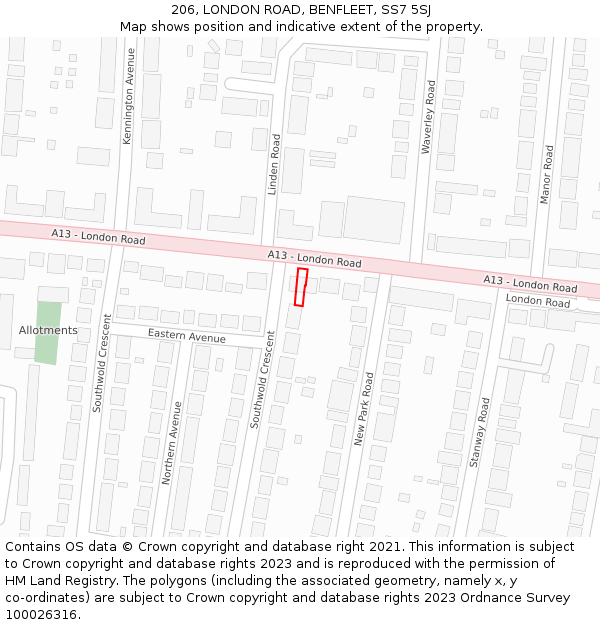 206, LONDON ROAD, BENFLEET, SS7 5SJ: Location map and indicative extent of plot