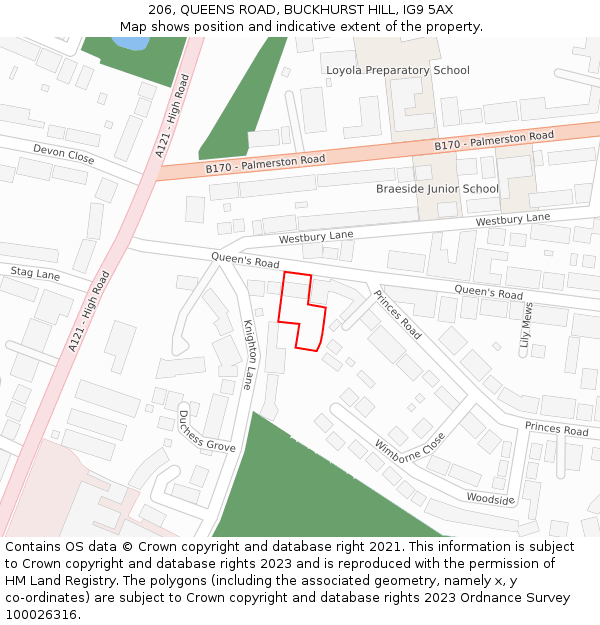 206, QUEENS ROAD, BUCKHURST HILL, IG9 5AX: Location map and indicative extent of plot