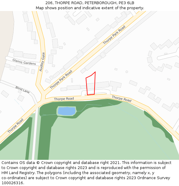 206, THORPE ROAD, PETERBOROUGH, PE3 6LB: Location map and indicative extent of plot