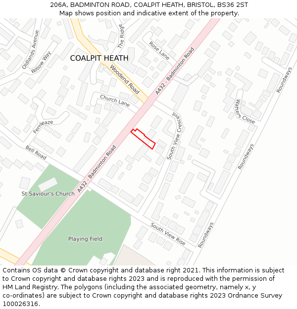 206A, BADMINTON ROAD, COALPIT HEATH, BRISTOL, BS36 2ST: Location map and indicative extent of plot