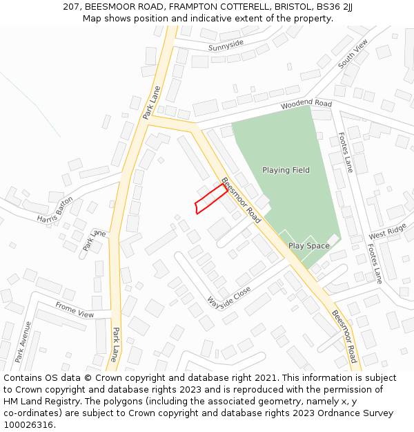 207, BEESMOOR ROAD, FRAMPTON COTTERELL, BRISTOL, BS36 2JJ: Location map and indicative extent of plot