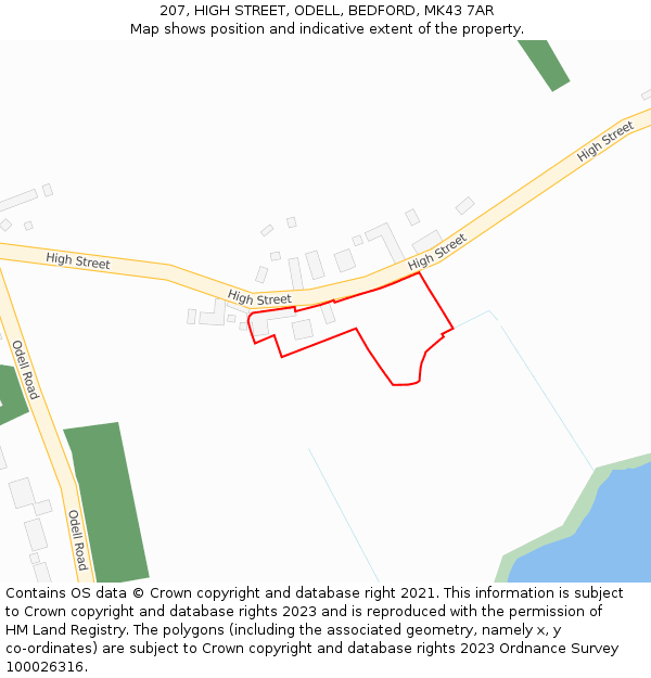 207, HIGH STREET, ODELL, BEDFORD, MK43 7AR: Location map and indicative extent of plot