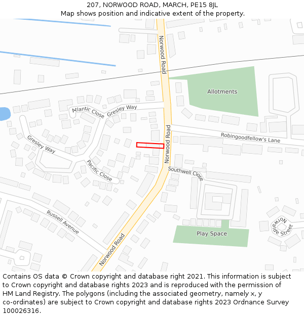 207, NORWOOD ROAD, MARCH, PE15 8JL: Location map and indicative extent of plot